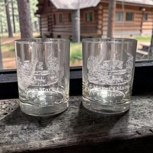 Makers Mark Whiskey Glasses, Set of 2, Vintage Etched Robert Cole Cabin Design